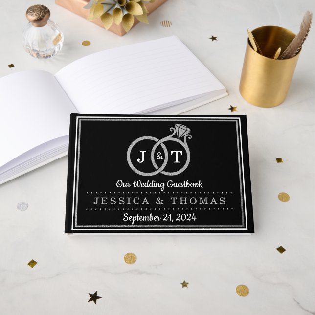Chic Faux Silver Foil Monogram Wedding Rings Gästebuch (Vorderseite Offen)