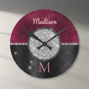 Chic faux Silver Glitter Burgundy Black monogram Runde Wanduhr