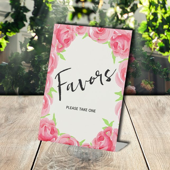 Chic Favorits Pink Roses Brautparty Sockelschild (Favors Pink Roses Bridal Shower Pedestal Sign)