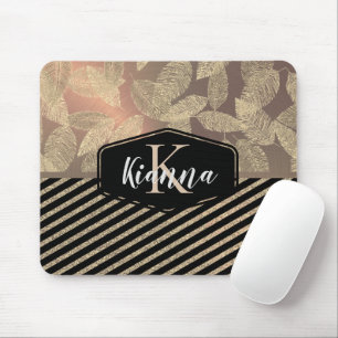 Chic Feathers with Gold Stripes Monogram Mousepad