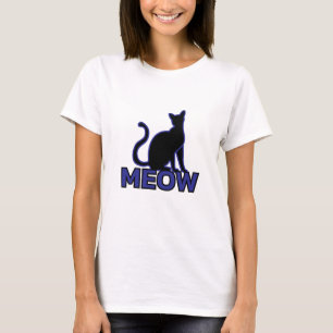 Chic Feline Charm - Blue "MEOW" Cat Silhouette T-Shirt