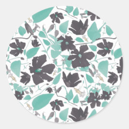 Chic Feminine Aquamarin Graues Blumenmuster Runder Aufkleber