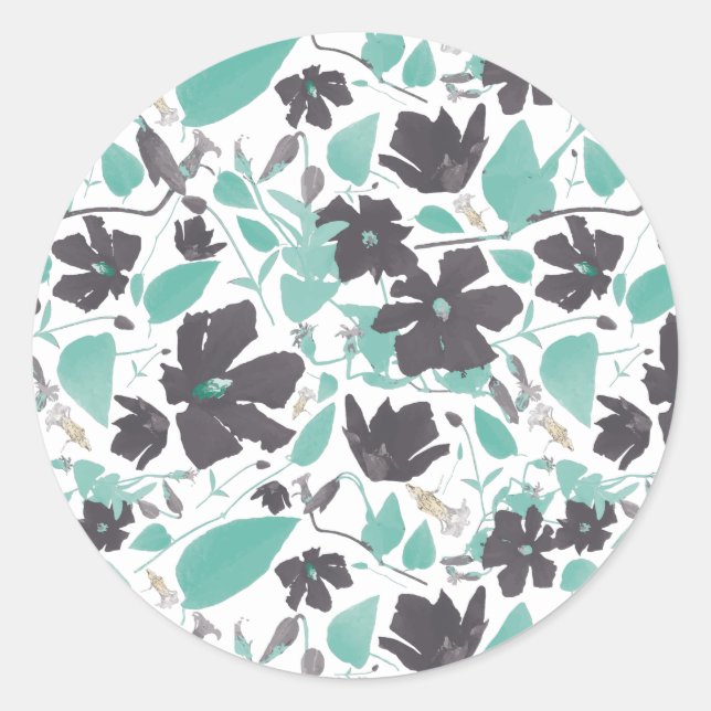 Chic Feminine Aquamarin Graues Blumenmuster Runder Aufkleber (Vorderseite)