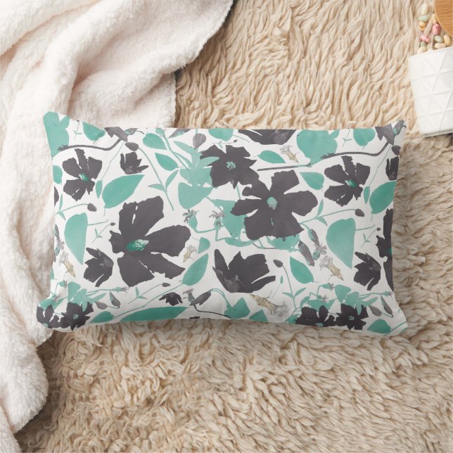 Chic Feminine Grau Aquamarines Blumenmuster Lendenkissen (Decke)