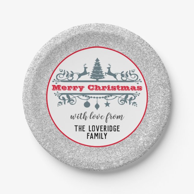 Chic & Festive Rot Frohe Weihnachten Silberner Gli Pappteller (Vorderseite)