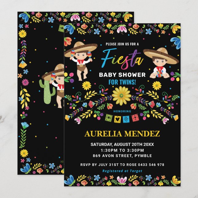 Chic Fiesta Mexican Twin Baby Boys Twins Dusche  Einladung (Vorne/Hinten)