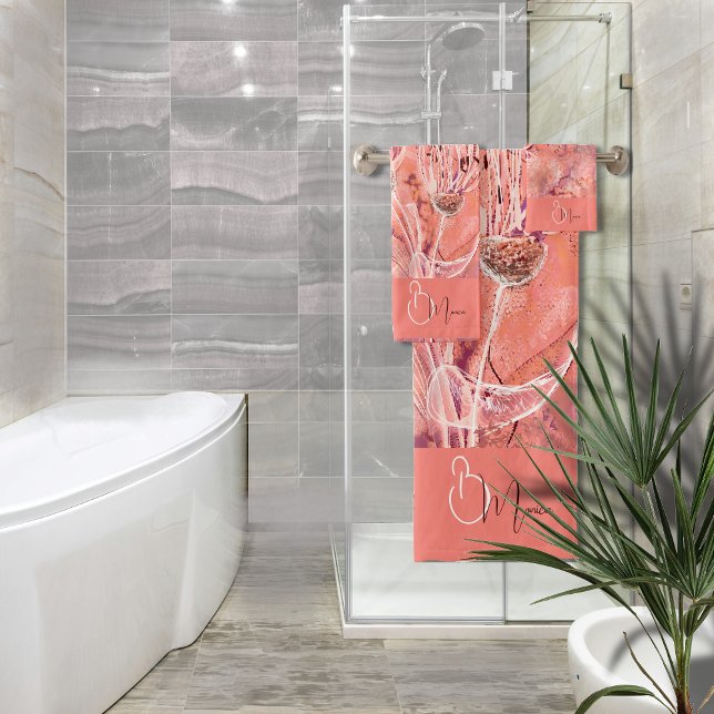 Chic Fille Pêcher rose Fleurs Monogramme (Chic Girly Peach Pink Flowers Monogram Bath Towel Set)