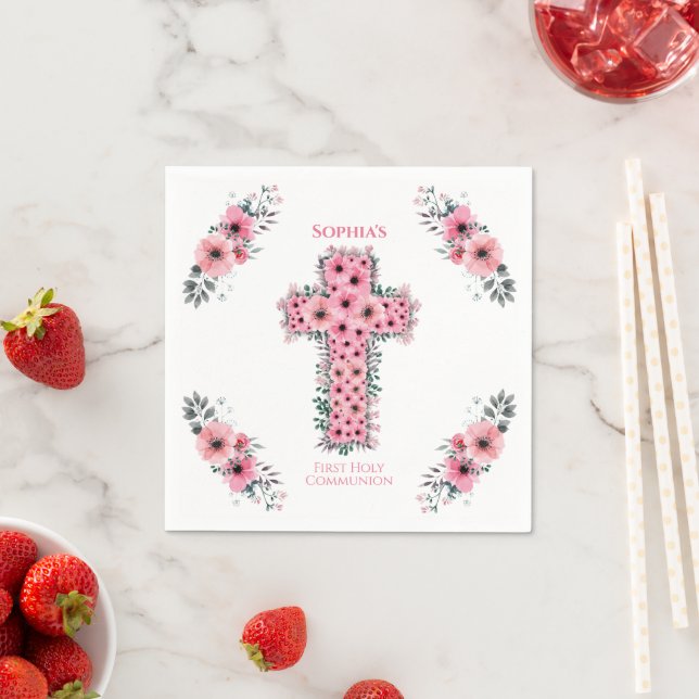 Chic First Heilige Kommunion Cross Girl Pink Blume Serviette (Beispiel)