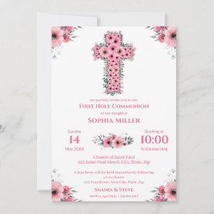 Chic First Heilige Kommunion Girl Pink Blume Cross Einladung
