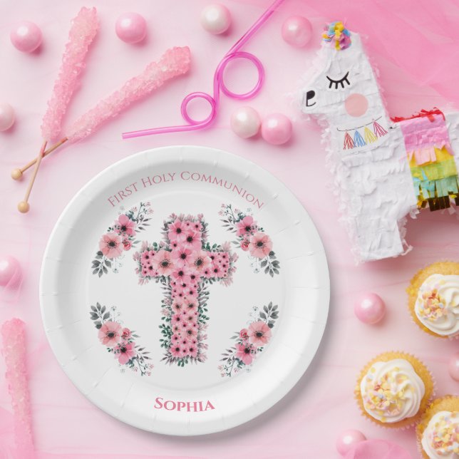 Chic First Heilige Kommunion Girl Pink Blume Pappteller (Party)