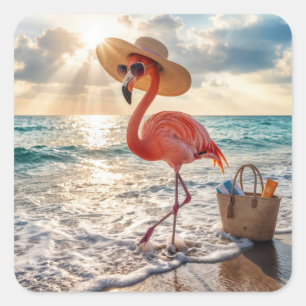 Chic Flamingo mit Sonnenhut und Sonnenbrille Quadratischer Aufkleber