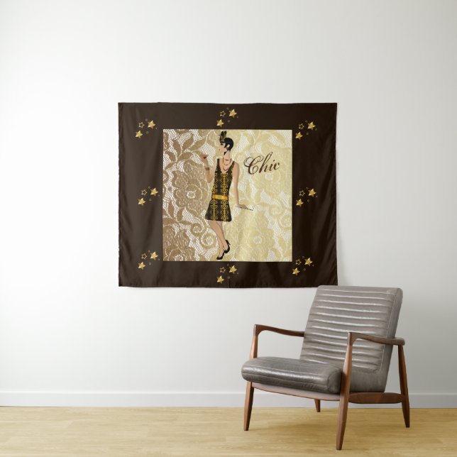 Chic Flapper Lady Gold Floral Lace & Brown Wandteppich (Beispiel (Horizontal))