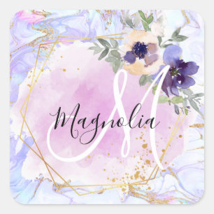 Chic Floral Blau Pink Gold Regenbogen Marmor Monog Quadratischer Aufkleber
