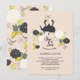 Chic Floral Bloms Birds Sip und sehen Babydusche Einladung