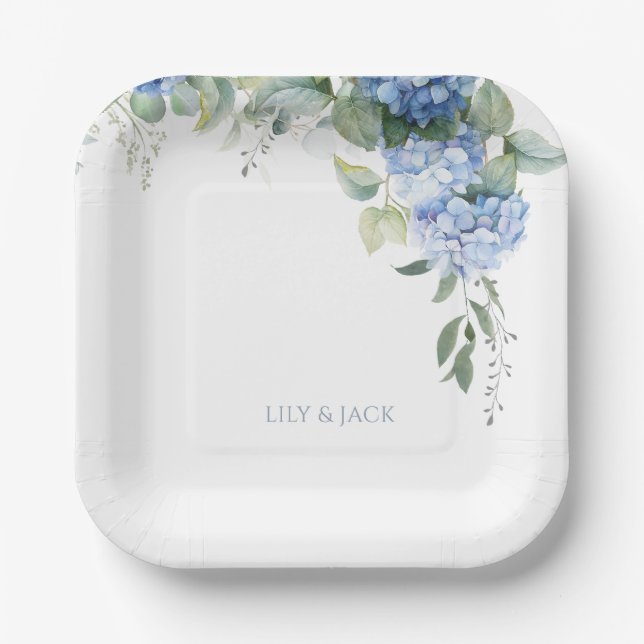 Chic Floral Blue Hydrangea Event Hochzeit Pappteller (Vorderseite)