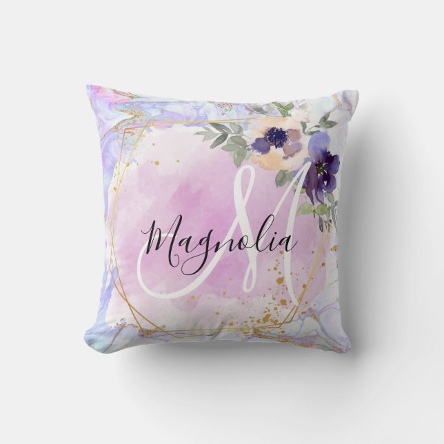 Chic Floral Blue Pink Gold Rainbow Marmor Monogram Kissen (Vorderseite)