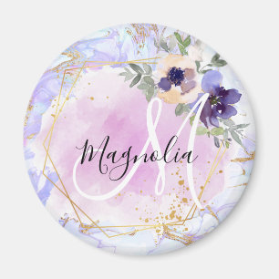 Chic Floral Blue Pink Gold Rainbow Marmor Monogram Magnet