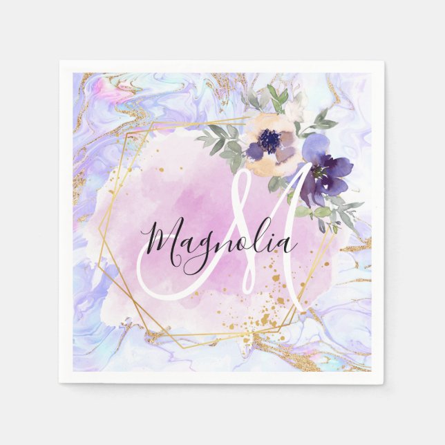 Chic Floral Blue Pink Gold Rainbow Marmor Monogram Serviette (Vorderseite)