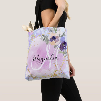 Chic Floral Blue Pink Gold Rainbow Marmor Monogram Tasche
