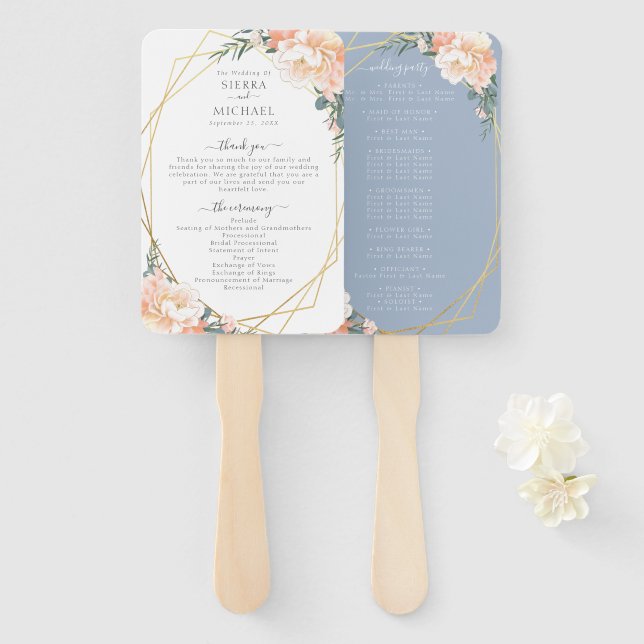 Chic Floral Blush Gold Dusty Blue Wedding Programm Fächer (Vorne und Hinten)