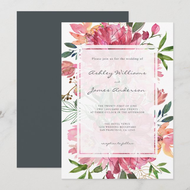 Chic Floral Botanical Boho Pink Peony Wedding Einladung (Vorne/Hinten)