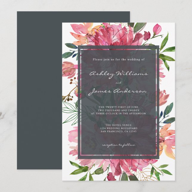 Chic Floral Botanical Boho Pink Peony Wedding Einladung (Vorne/Hinten)