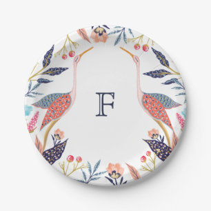 Chic Floral Botanical Monogram Stork Baby Shoounte Pappteller