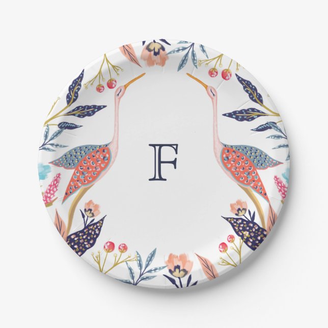 Chic Floral Botanical Monogram Stork Baby Shoounte Pappteller (Vorderseite)