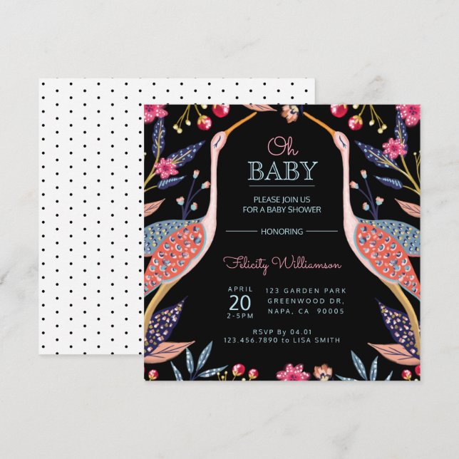 Chic Floral Botanical Stork Baby Dusche Einladung (Vorne/Hinten)