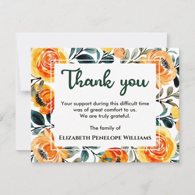 Chic floral Botanical Watercolor Gedenkfeier Dankeskarte (Vorderseite)