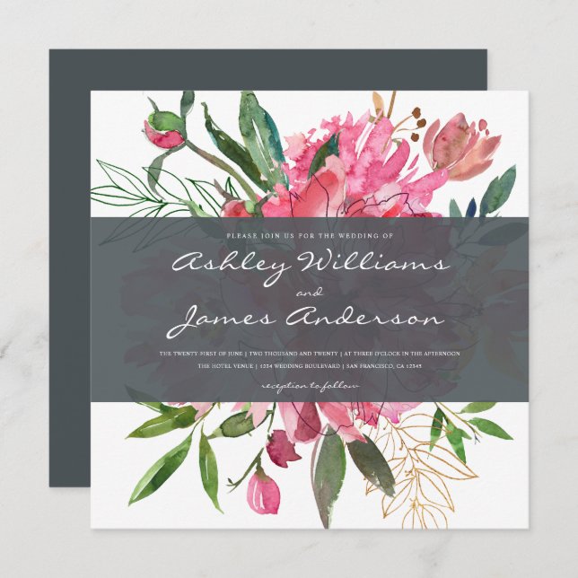 Chic Floral Botanical Wedding Einladung | Platz (Vorne/Hinten)