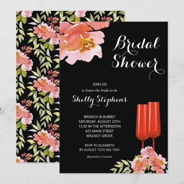 Chic Floral Brunch und Bubbly Brautparty Einladung (Vorne/Hinten)