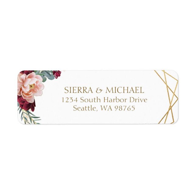 Chic Floral Burgundy Gold Wedding Rücksendeadresse (Vorne)