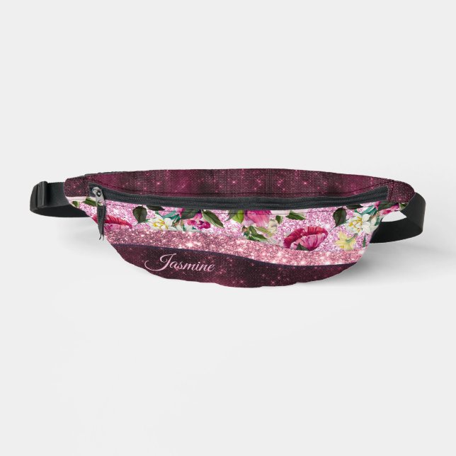 Chic floral Burgundy rosa lila Glitzer Monogramm Bauchtasche (Vorderseite)
