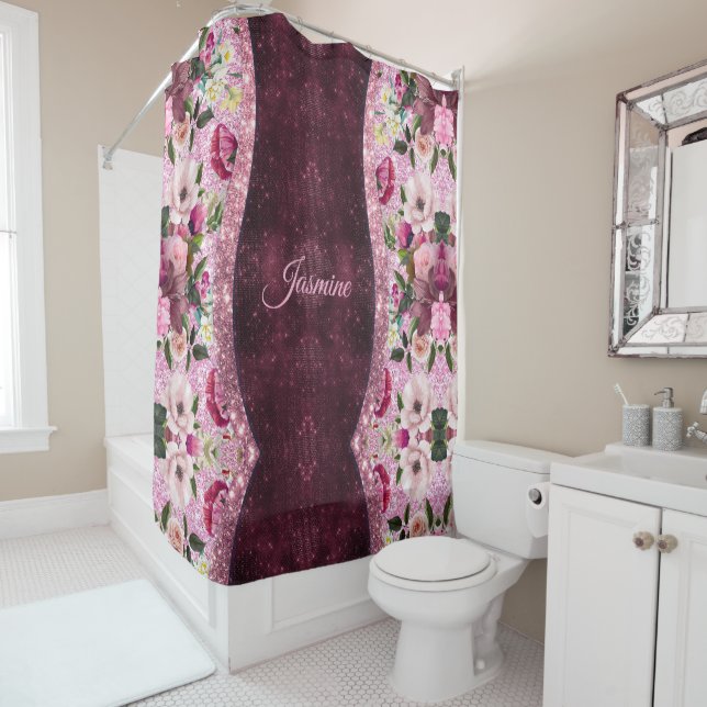 Chic floral Burgundy rosa lila Glitzer Monogramm Duschvorhang (Beispiel)