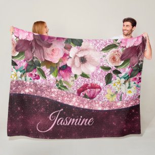 Chic floral Burgundy rosa lila Glitzer Monogramm Fleecedecke