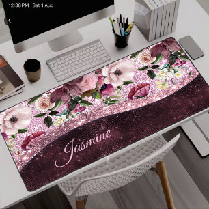 Chic floral Burgundy rosa lila Glitzer Monogramm Schreibtischunterlage