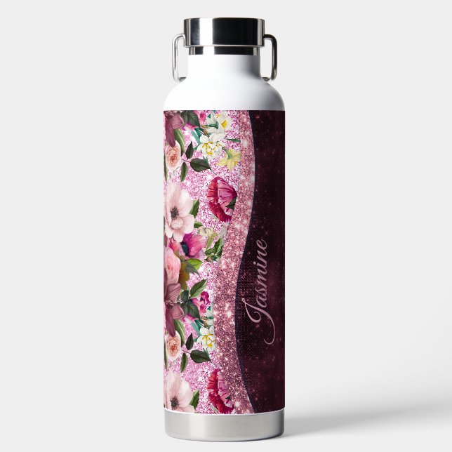 Chic floral Burgundy rosa lila Glitzer Monogramm Trinkflasche (Vorderseite)