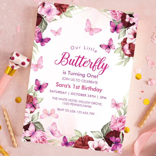 Chic Floral Butterfly Party zum ersten Mal zum Geb Einladung (Von Creator hochgeladen)