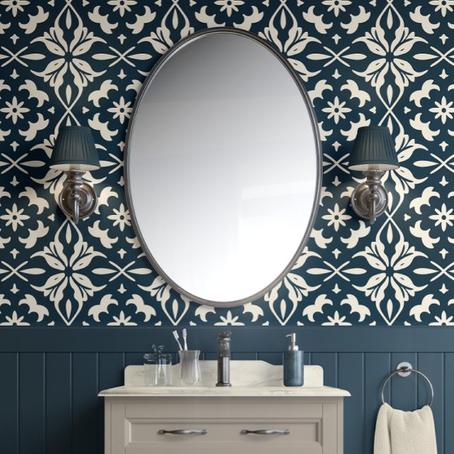 Chic Floral Charm - Deep Aquamarin & Cream - Eclec Tapete (Chic Floral Charm - Deep Teal & Cream - Eclectic Peel and Stick Wallpaper)