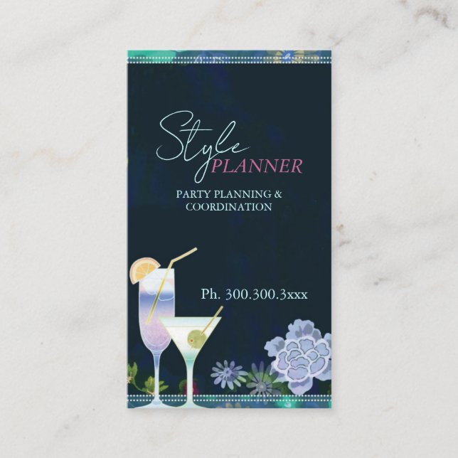 Chic Floral Cocktails Party Planner Visitenkarte (Vorderseite)