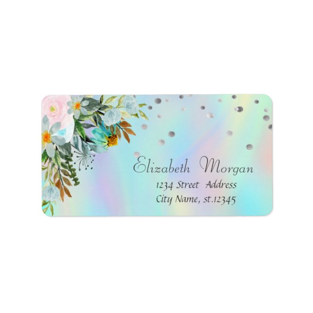 Chic Floral Dots holografische Iridescent Adressaufkleber (Vorne)