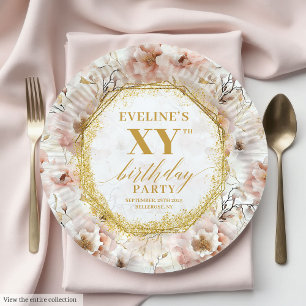 Chic Floral Dusty Pink Gold Geburtstagspapier-Tell Pappteller