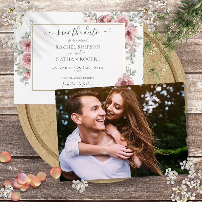 Chic Floral Dusty Rose Foto Wedding Save The Date (Chic Floral Dusty Rose Photo Wedding Save The Date)