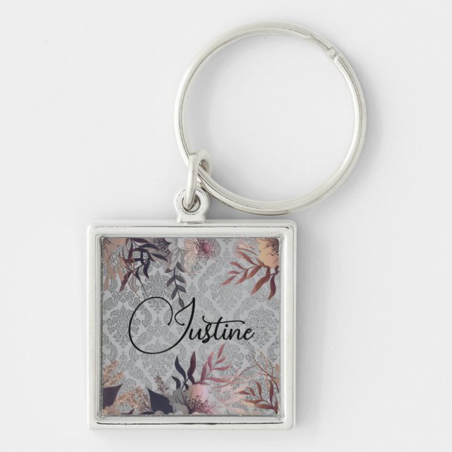 Chic Floral Elegante Damask Personalisiert Schlüsselanhänger (Vorne)