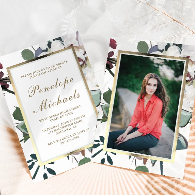 Chic Floral Frame Foto Graduation Party Einladung (Von Creator hochgeladen)