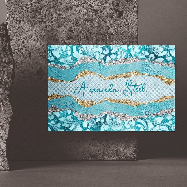 Chic floral glittergold Türkis aquamarines Monogra Magnetische Visitenkarte (Von Creator hochgeladen)