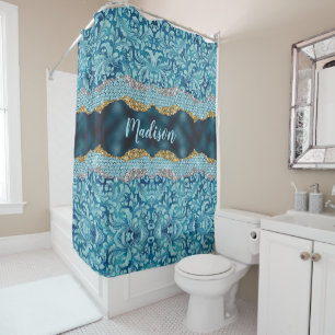 Chic floral glitterte Aquamarin Türkis Goldmonogra Duschvorhang