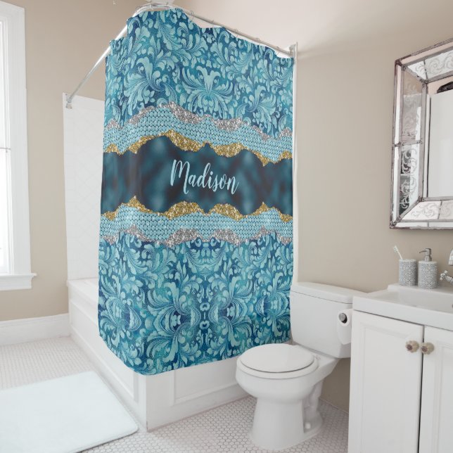 Chic floral glitterte Aquamarin Türkis Goldmonogra Duschvorhang (Beispiel)