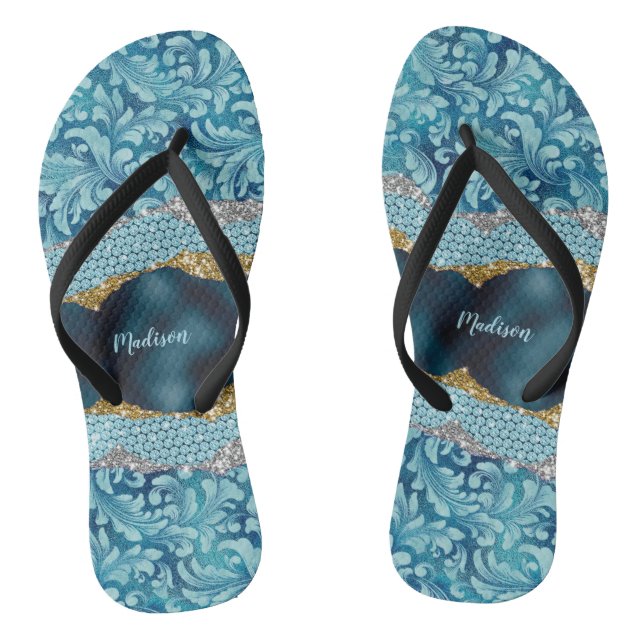 Chic floral glitterte Aquamarin Türkis Goldmonogra Flip Flops (Fußbett)